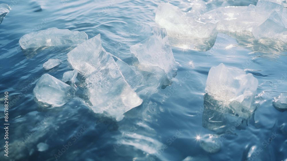 Obraz premium Broken ice in blue water. Natural ice. Cold frozen water. Winter season. Arctic glacier, north beauty. Abstract wallpaper, transparent texture. Generated AI