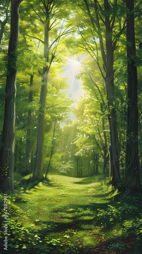 Obraz premium Sunlight penetrating the forest, sun, forest, sun reflections, trees