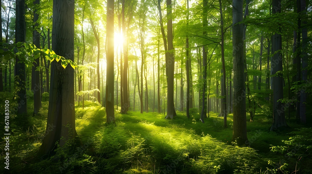 Obraz premium Sunlight penetrating the forest, sun, forest, sun reflections, trees