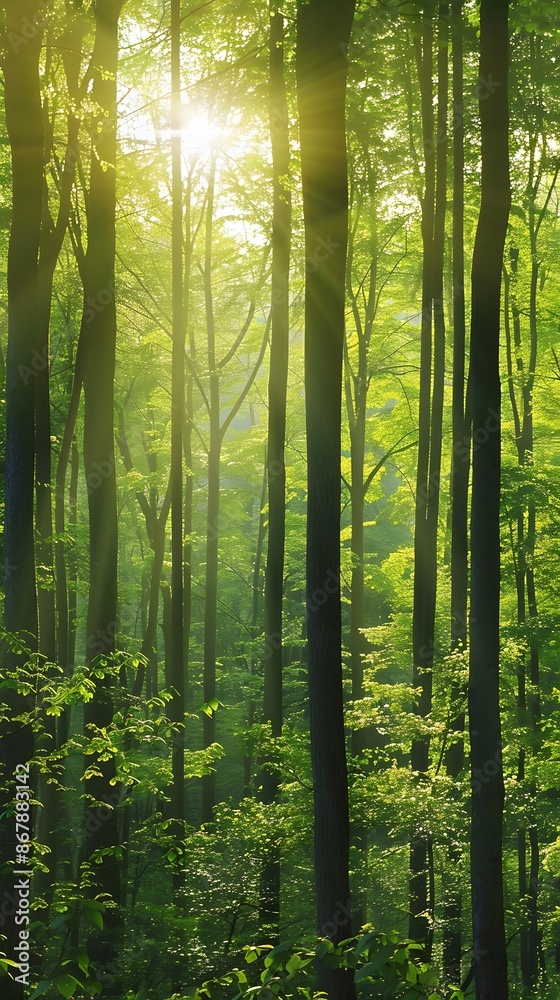 Fototapeta premium Sunlight penetrating the forest, sun, forest, sun reflections, trees