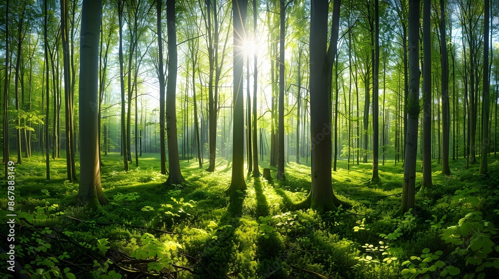 Naklejka premium Sunlight penetrating the forest, sun, forest, sun reflections, trees