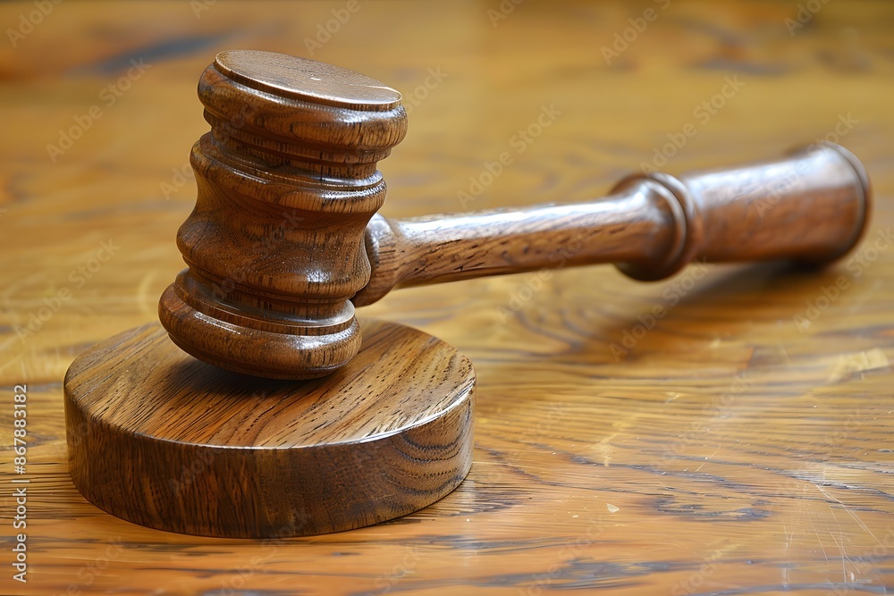 Wooden Gavel and Sound Block on a Wooden Surface Wooden Gavel and Sound Block on a Wooden Surface