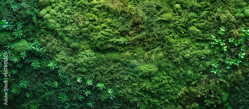 Wall with green moss as eco-friendly decor for design and text.