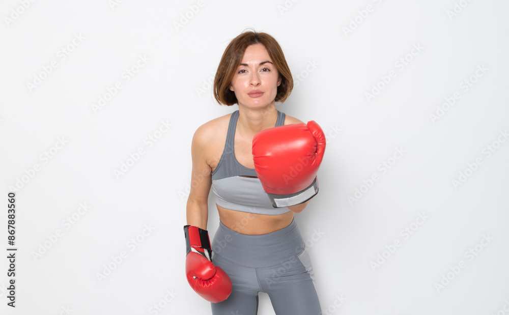 Young and attractive woman in boxing gloves posing isolated on white background	