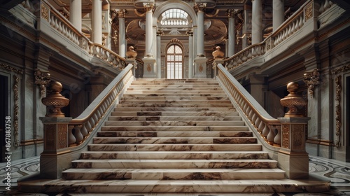An elegant marble staircase with intricately carved railings © Ibad