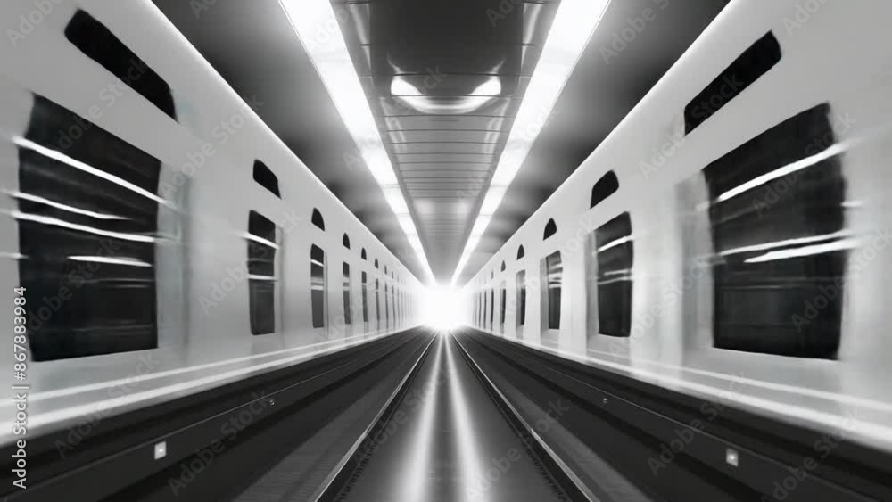 A subway train moves in a tunnel with a bright light at the end of the track. Concept: transport, speed, urbanism, movement.