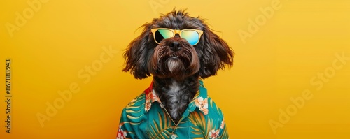 Dog wearing sunglasses and hawaiian shirt on yellow background, humorous pet portrait photo