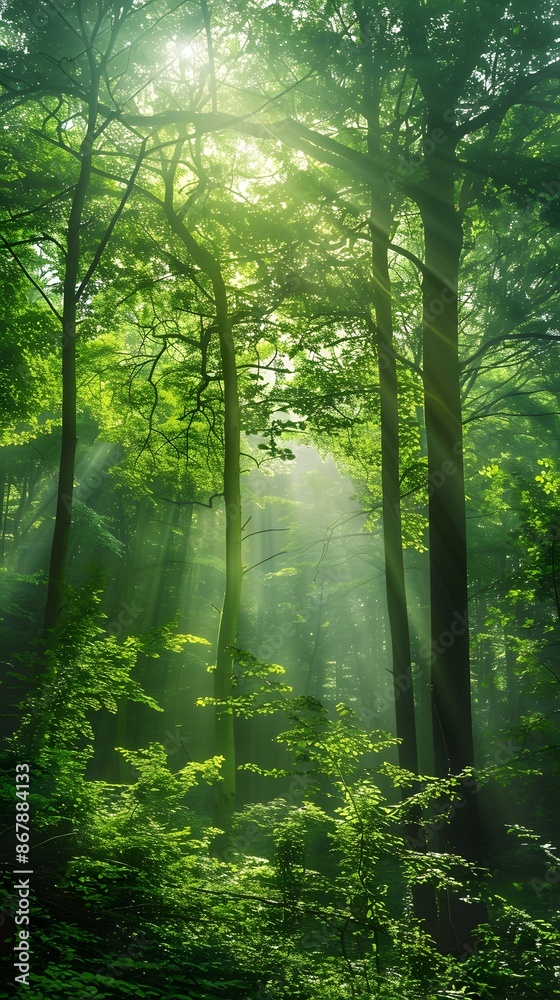 Fototapeta premium Sunlight penetrating the forest, sun, forest, sun reflections, trees