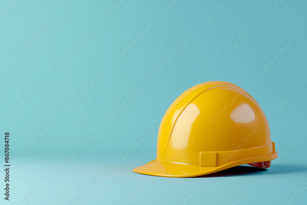 Yellow construction helmet floating on blue background, isolated on pastel background with soft shadow and blur effect Yellow construction helmet floating on blue background, isolated on pastel background with soft shadow and blur effect