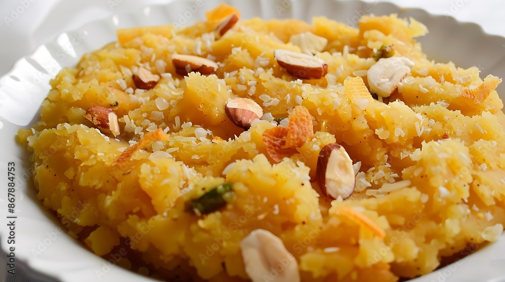 Soft fluffy sohan halwa with a rich buttery flavor on a white background Soft fluffy sohan halwa with a rich buttery flavor on a white background