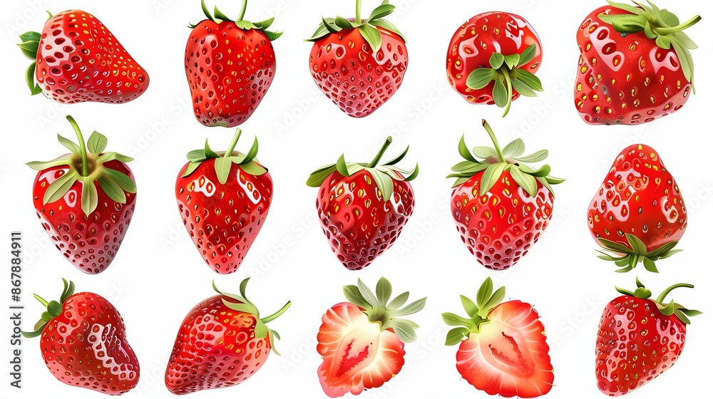 A collection of 15 fresh, red strawberries, isolated on a white background. They are arranged in different positions and angles, showcasing their vibrant color and juicy texture. Generative AI A collection of 15 fresh, red strawberries, isolated on a white background. They are arranged in different positions and angles, showcasing their vibrant color and juicy texture. Generative AI