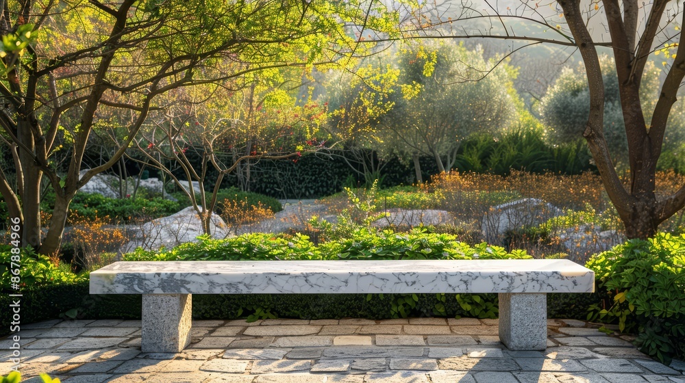 An outdoor marble bench in a landscaped garden An outdoor marble bench in a landscaped garden