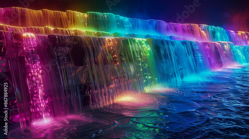 A holographic projection of a cascade of waterfalls, where each level of the waterfall glows with a different neon color. The water flows smoothly and creates rainbows hanging in the air.
