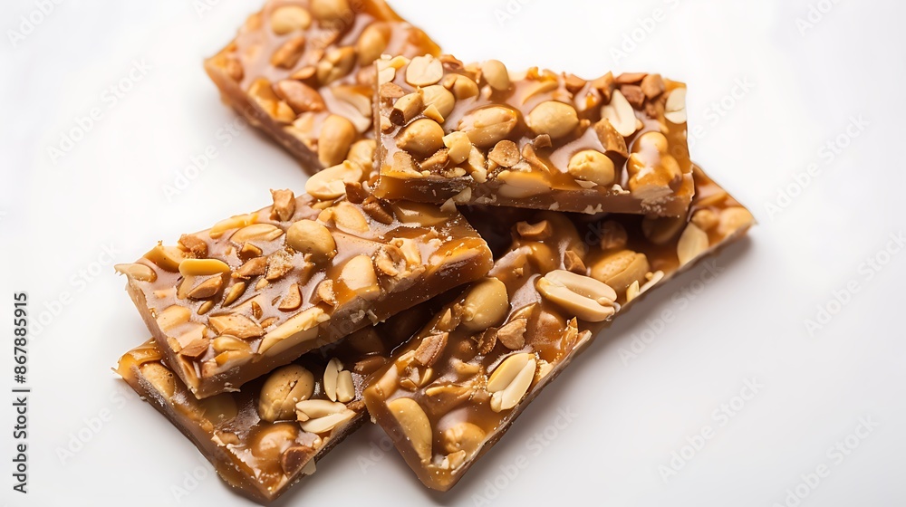 Traditional chikki made peanuts and jaggery perfectly crunchy on a white background Traditional chikki made peanuts and jaggery perfectly crunchy on a white background