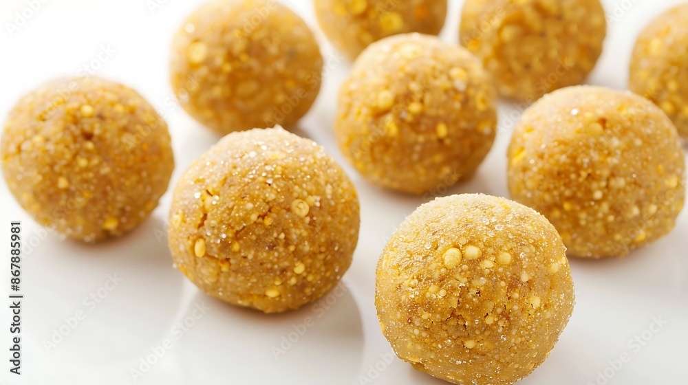 Traditional laddu made gram flour and sugar perfectly round and golden on a white background Traditional laddu made gram flour and sugar perfectly round and golden on a white background