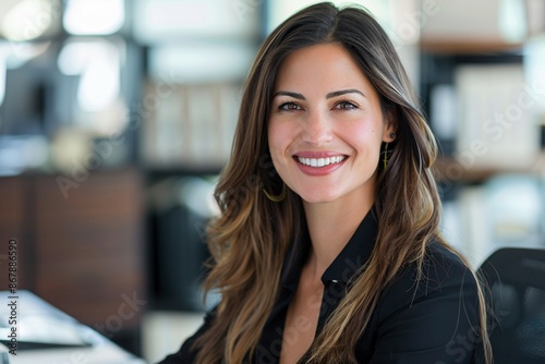 A Caucasian businesswoman with a winning smile stands confidently in her sunlit office, illuminated by a laptop screen. Selective color emphasizes the data displayed
