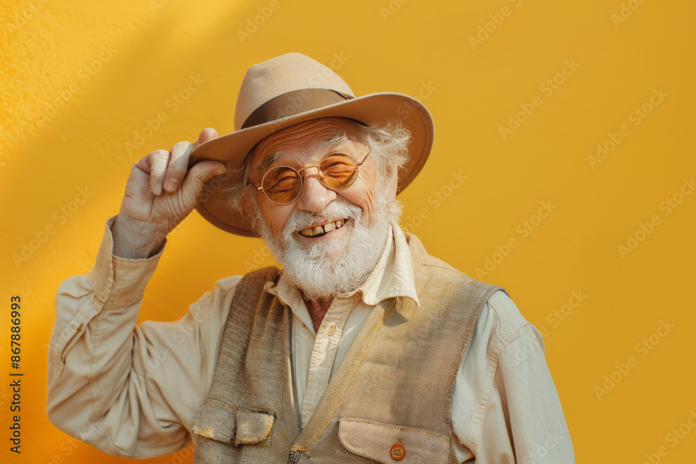 A friendly old man in a beige vest stands against a sunny backdrop, tipping his hat with a cheerful grin. Generative AI A friendly old man in a beige vest stands against a sunny backdrop, tipping his hat with a cheerful grin. Generative AI