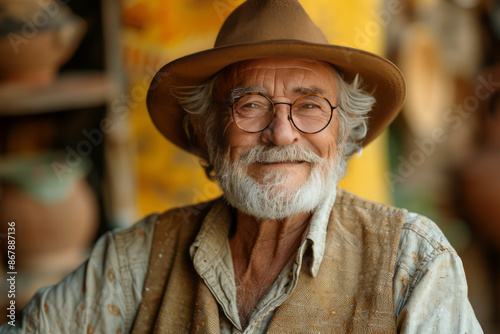 A friendly old man in a beige vest stands against a sunny backdrop, tipping his hat with a cheerful grin. Generative AI © Anthony Paz