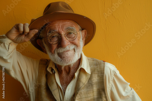 A friendly old man in a beige vest stands against a sunny backdrop, tipping his hat with a cheerful grin. Generative AI