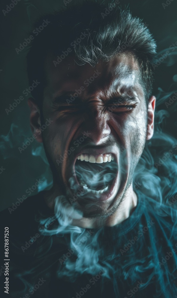 A man with smoke coming out of his mouth and a black shirt. AI. A man with smoke coming out of his mouth and a black shirt. AI.