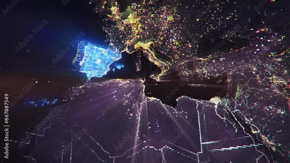 Digital Pixel Art Earth Night from Space Rotate and Zoom Shining Country Spain