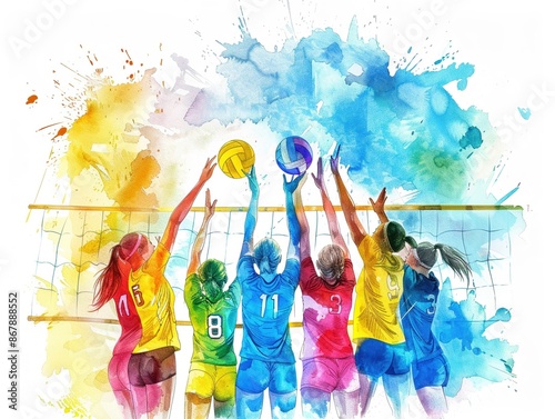 Watercolor volleyball team celebrating, Olympic sports, teamwork and joy