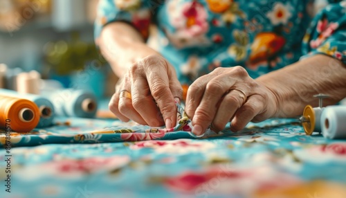 Closeup of Woman's Hands Sewing Fabric