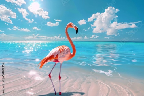 Pink Flamingo on a Sunny Beach © Александр Раптовый