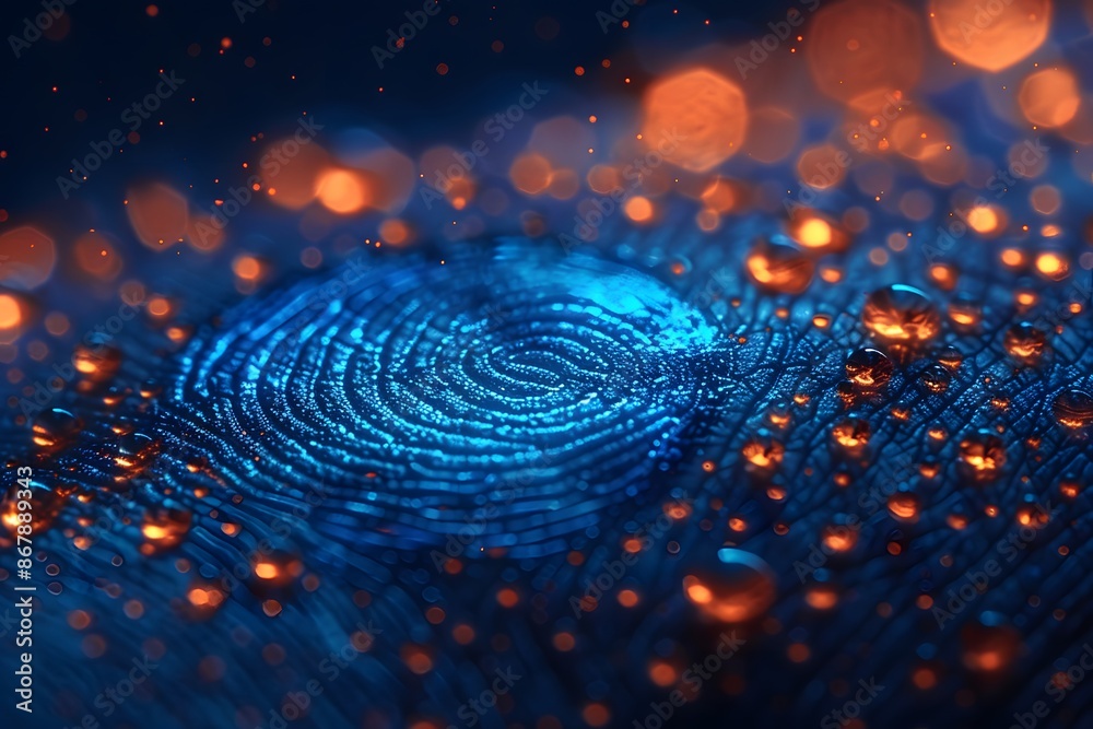 Digital Security and Identification Concept with Fingerprint Scanning and Glowing Particles Digital Security and Identification Concept with Fingerprint Scanning and Glowing Particles