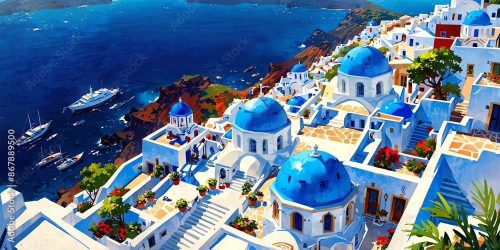 Naklejka premium santorini greece anime style stunning aesthetic and hi background