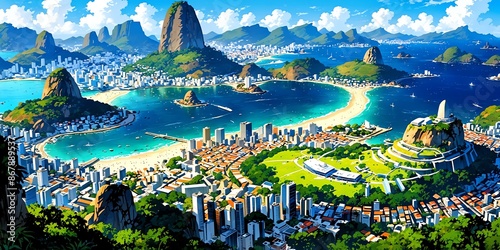 view of a city in brazil anime style stunning aesthetic a background