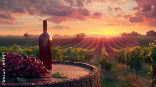 Beautiful vineyard at sunset with wine bottle and grapes on wooden barrel. Serene landscape setting. Perfect for showcasing wine culture. Ideal for background use in blogs and websites. AI photo