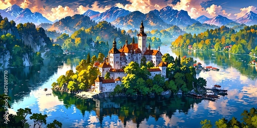lake bled slovenia anime style stunning aesthetic and background photo