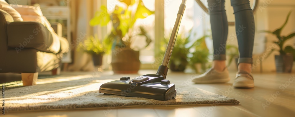 Fototapeta premium A woman is vacuuming a carpet in a living room. The room is filled with potted plants and a couch.