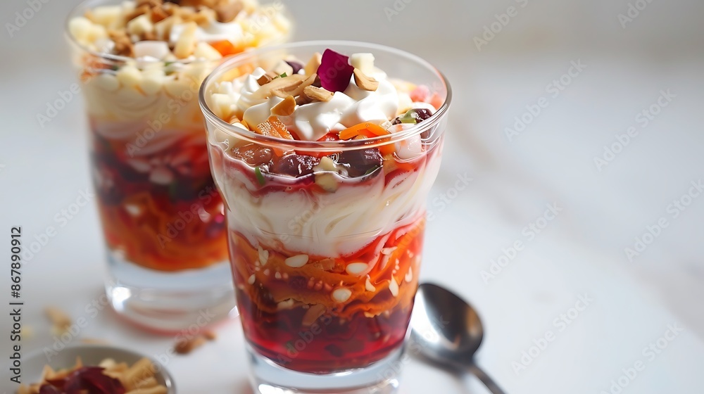 Creamy delicious falooda with layers of sweet ingredients on a white background Creamy delicious falooda with layers of sweet ingredients on a white background