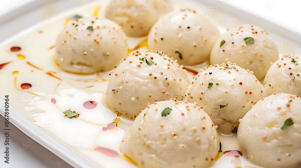 Creamy rich rasmalai soaked in flavored milk on a white background Creamy rich rasmalai soaked in flavored milk on a white background