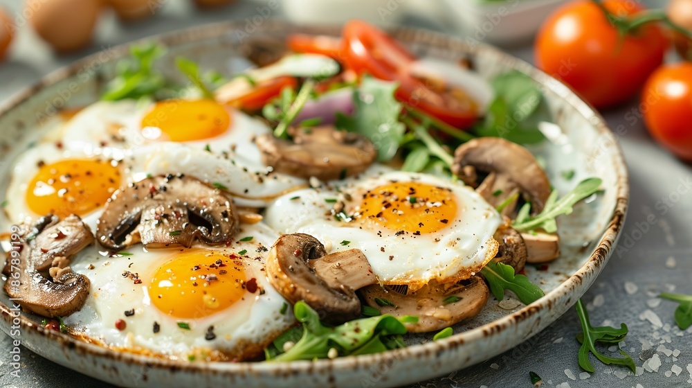 A simple breakfast of fried eggs on mushrooms and onions, with a light salad on the side. A simple breakfast of fried eggs on mushrooms and onions, with a light salad on the side.