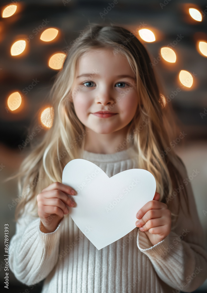 Small girl holding empty card heart in front of her. Focus to paper, bokeh lights background. Generative AI Small girl holding empty card heart in front of her. Focus to paper, bokeh lights background. Generative AI