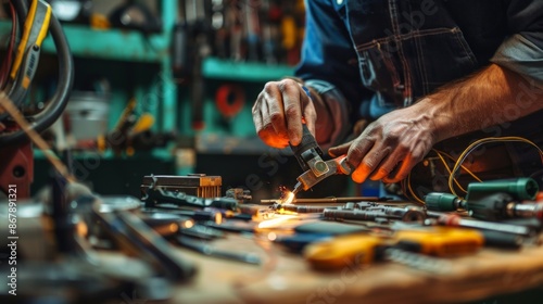 Caucasian man using a welding tool in a cluttered workshop. Concept of craftsmanship, metalworking, DIY projects, industrial work