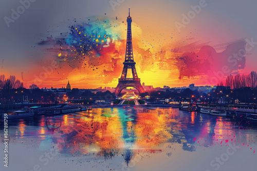 Travel poster of Paris - France, illustration eifel tower. Generative AI