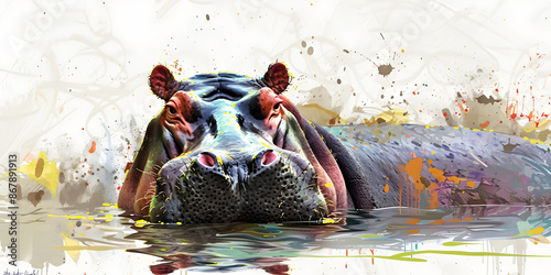 abstract watercolor painting hippopotamus, ai generated