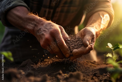 Mãos de um trabalhador rural espalhando sementes na terra a ser cultivada photo