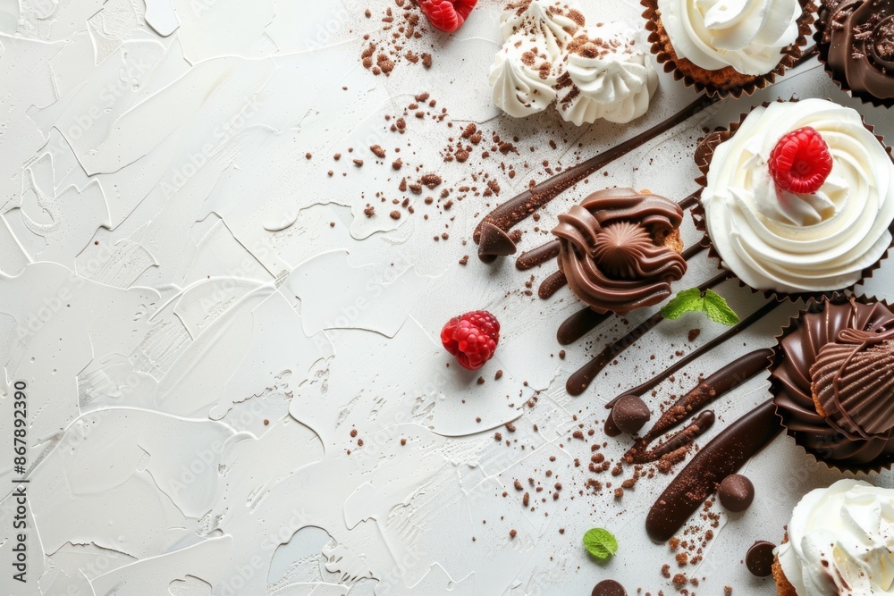 Assorted chocolate and vanilla cupcakes with whipped cream, raspberries, and chocolate drizzle on a white textured background. Flat lay composition with copy space. Generative AI