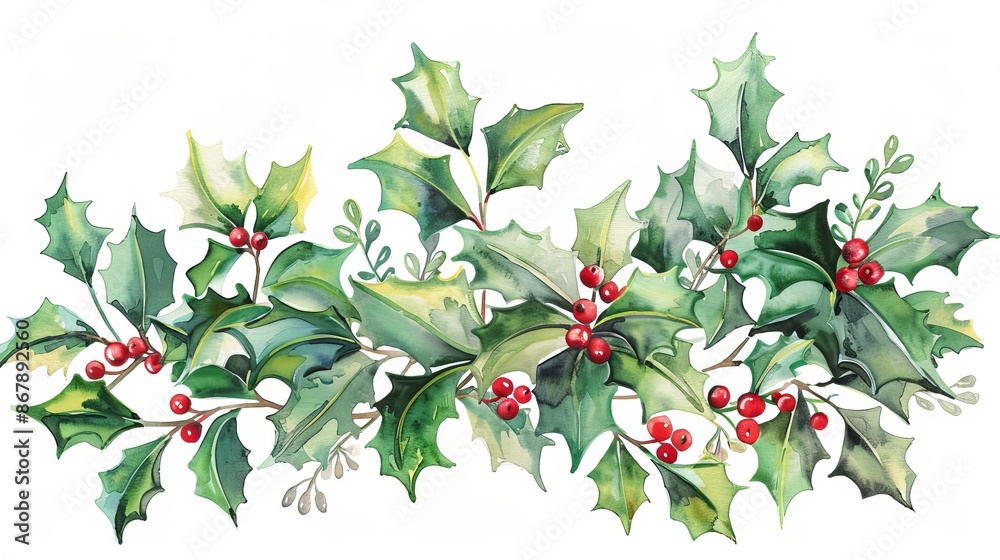 Obraz premium Beautiful winter plants for Christmas on a white backdrop. Watercolor image of Holly greens, leaves, and berries.