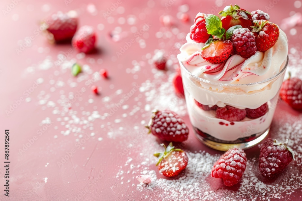 Berry parfait with whipped cream, strawberries, raspberries, and mint leaves in a glass on a pink background. Close-up photography. Generative AI Berry parfait with whipped cream, strawberries, raspberries, and mint leaves in a glass on a pink background. Close-up photography. Generative AI