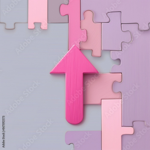 Pink arrow pointing up on puzzle with pink and gray pieces in abstract background photo