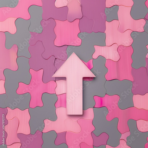 Pink arrow pointing upwards on vibrant pink and gray jigsaw puzzle background photo