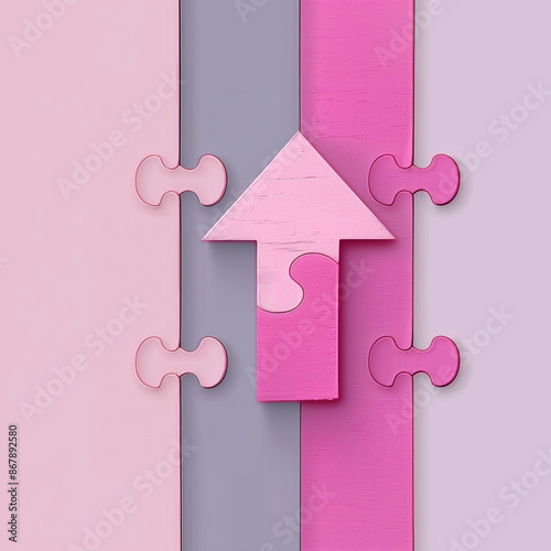 Pink arrow on jigsaw puzzle with pink and gray pieces and abstract pastel background photo