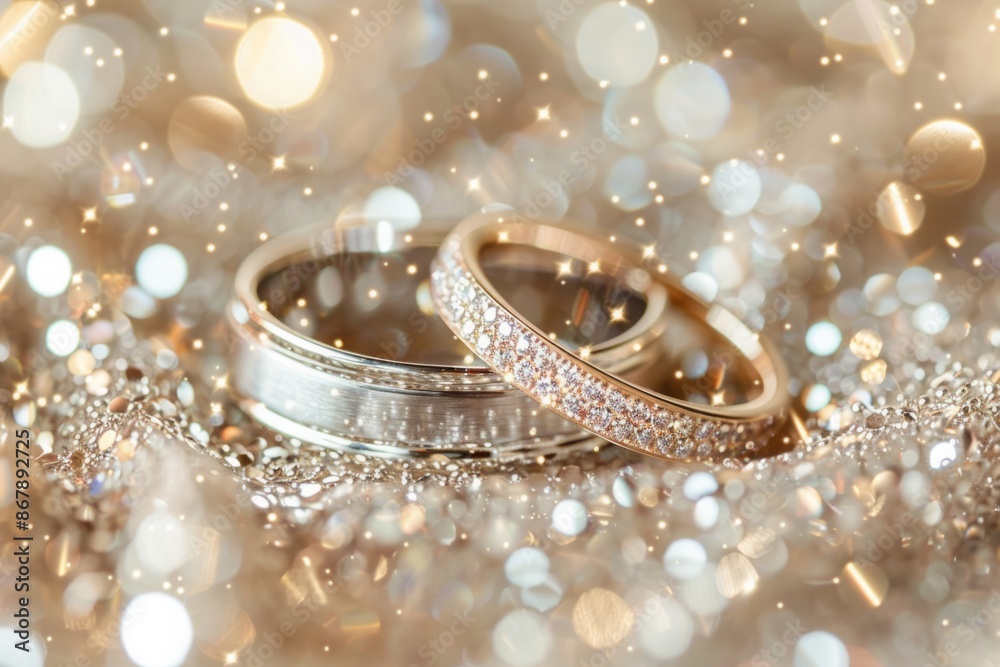 Close-up of two gold wedding rings with diamonds on a sparkling golden bokeh background. Macro shot for design and print. Generative AI