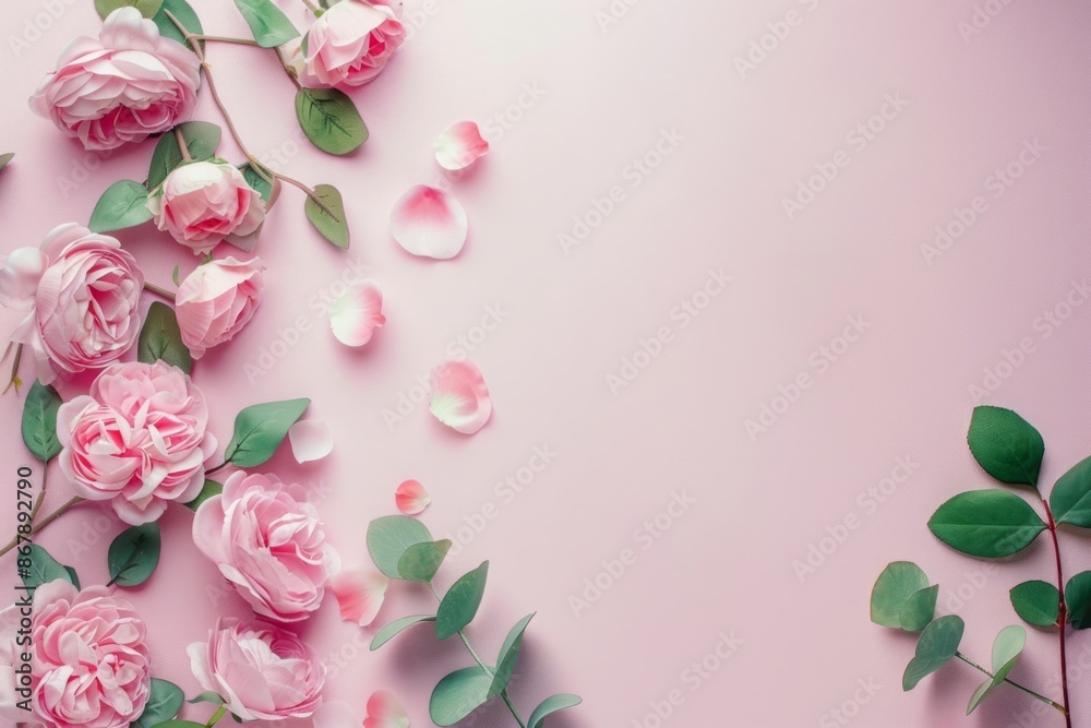 Pink flowers and green leaves arranged on a light pink background with scattered petals. Flat lay composition with copy space. Springtime and floral design concept. Generative AI Pink flowers and green leaves arranged on a light pink background with scattered petals. Flat lay composition with copy space. Springtime and floral design concept. Generative AI